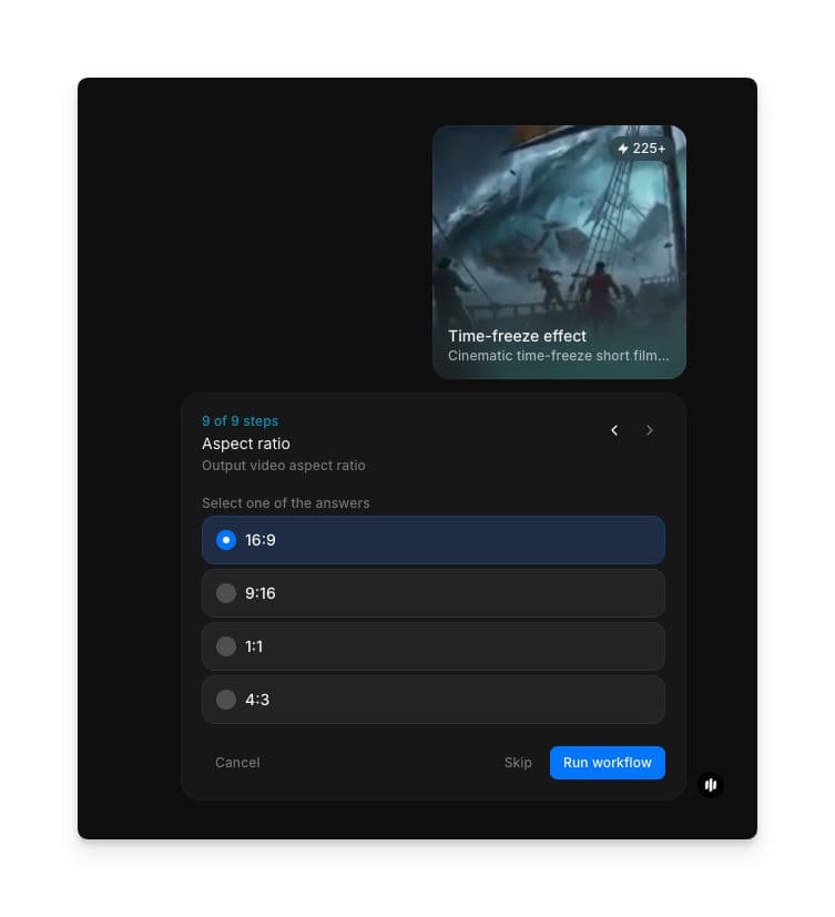 Time-freeze effect workflow step 9 showing the aspect ratio selector with 16:9, 9:16, 1:1, and 4:3 options and a Run workflow button