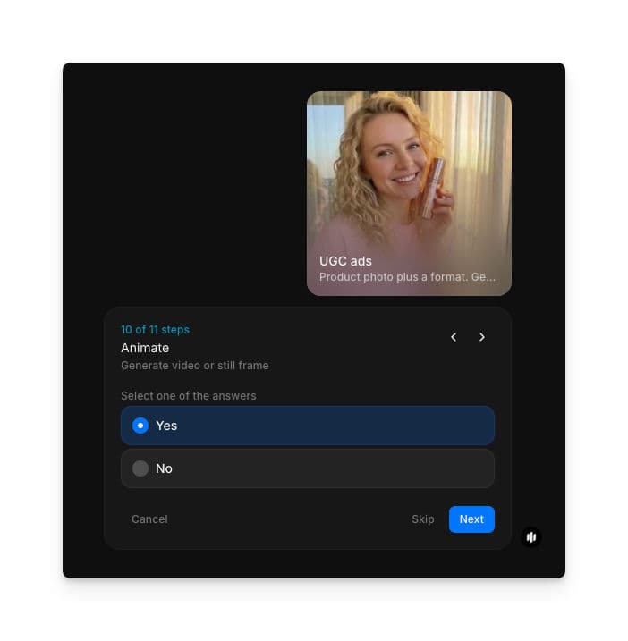 Animate selection showing radio buttons for Yes and No