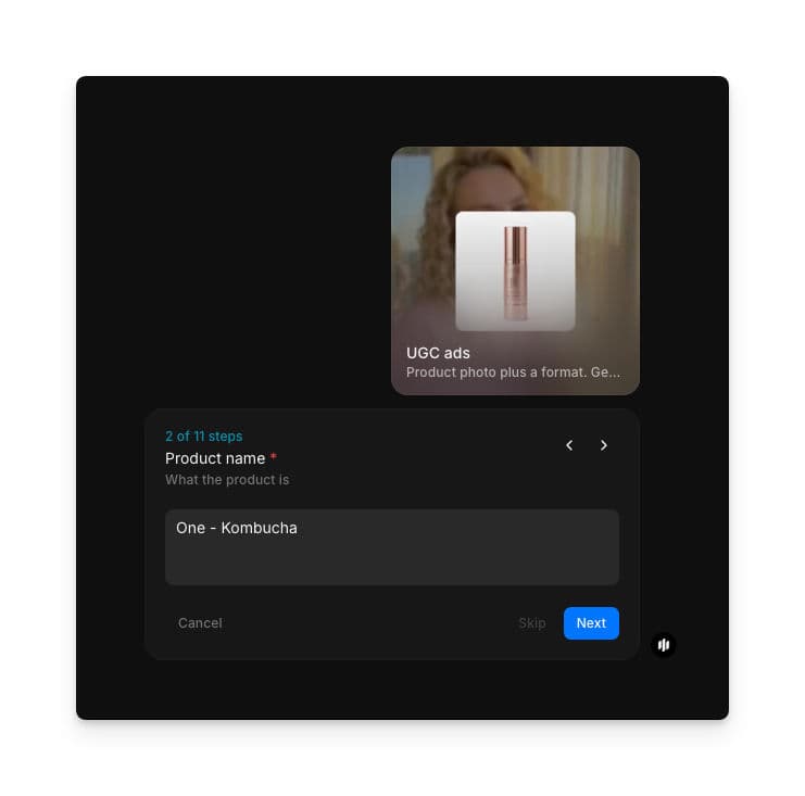 Product name step showing a text field with 'One – Kombucha' entered