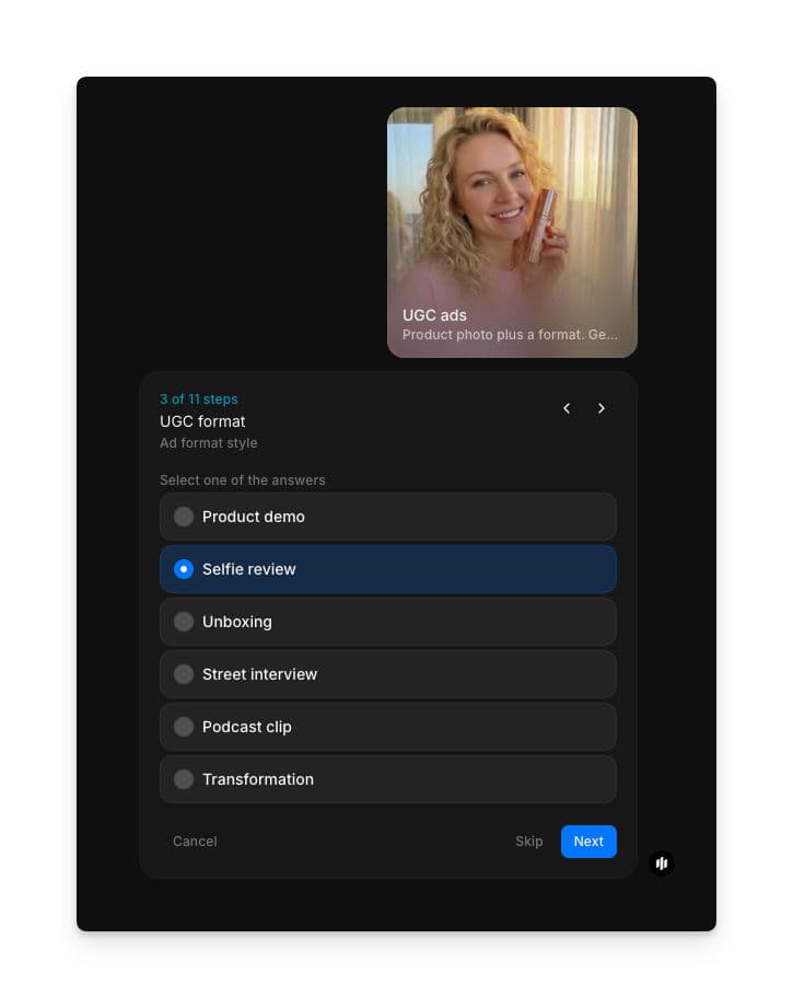 UGC format selection showing radio buttons for Product demo, Selfie review, Unboxing, Street interview, Podcast clip, and Transformation