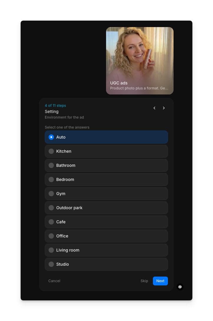 Setting selection showing radio buttons for Auto, Kitchen, Bathroom, Bedroom, Gym, Outdoor park, Cafe, Office, Living room, and Studio