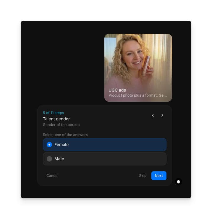 Talent gender selection showing radio buttons for Female and Male