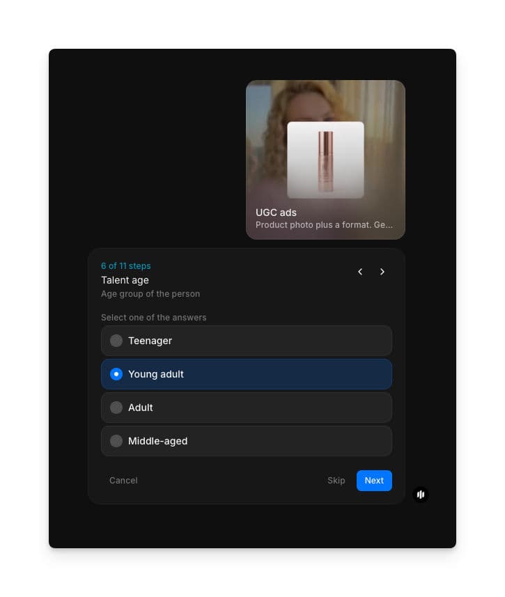 Talent age selection showing radio buttons for Teenager, Young adult, Adult, and Middle-aged