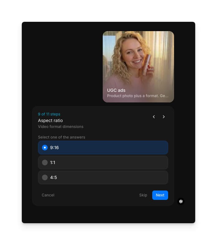 Aspect ratio selection showing radio buttons for 9:16, 1:1, and 4:5