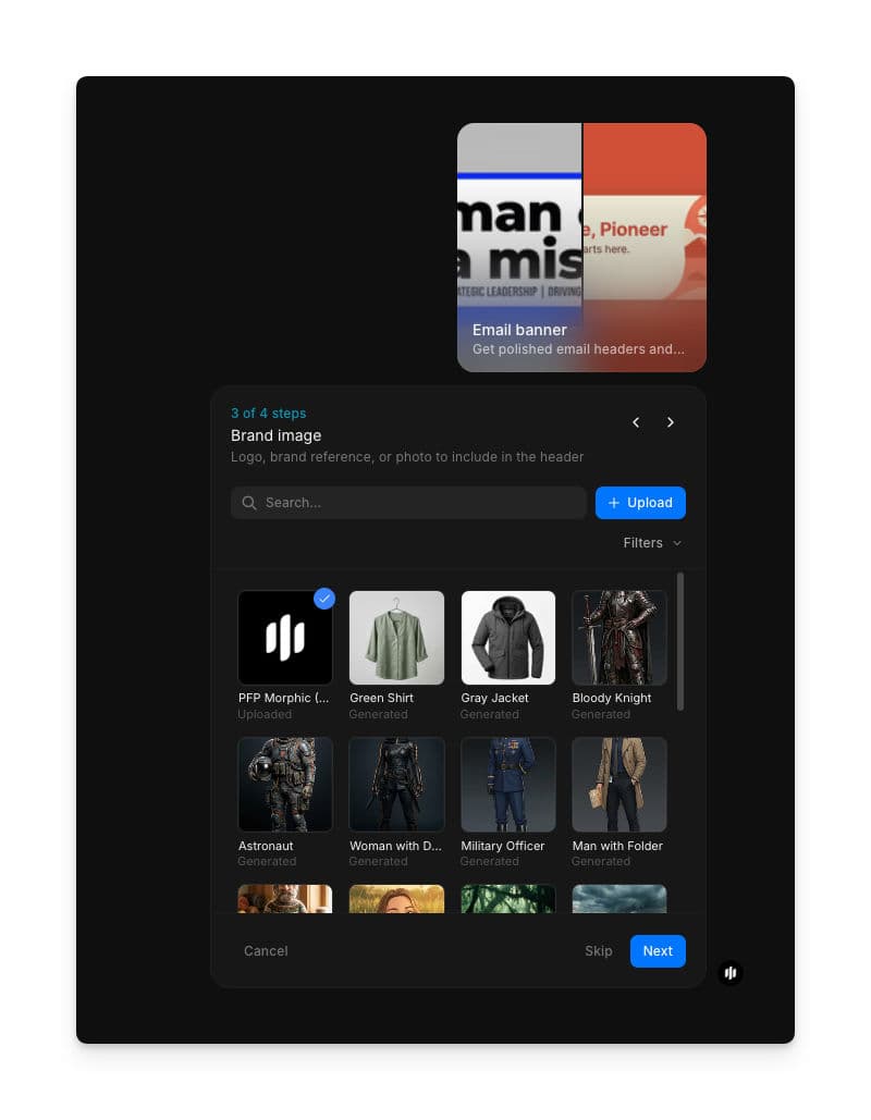 Brand image step showing a searchable gallery of brand and product images with an Upload button
