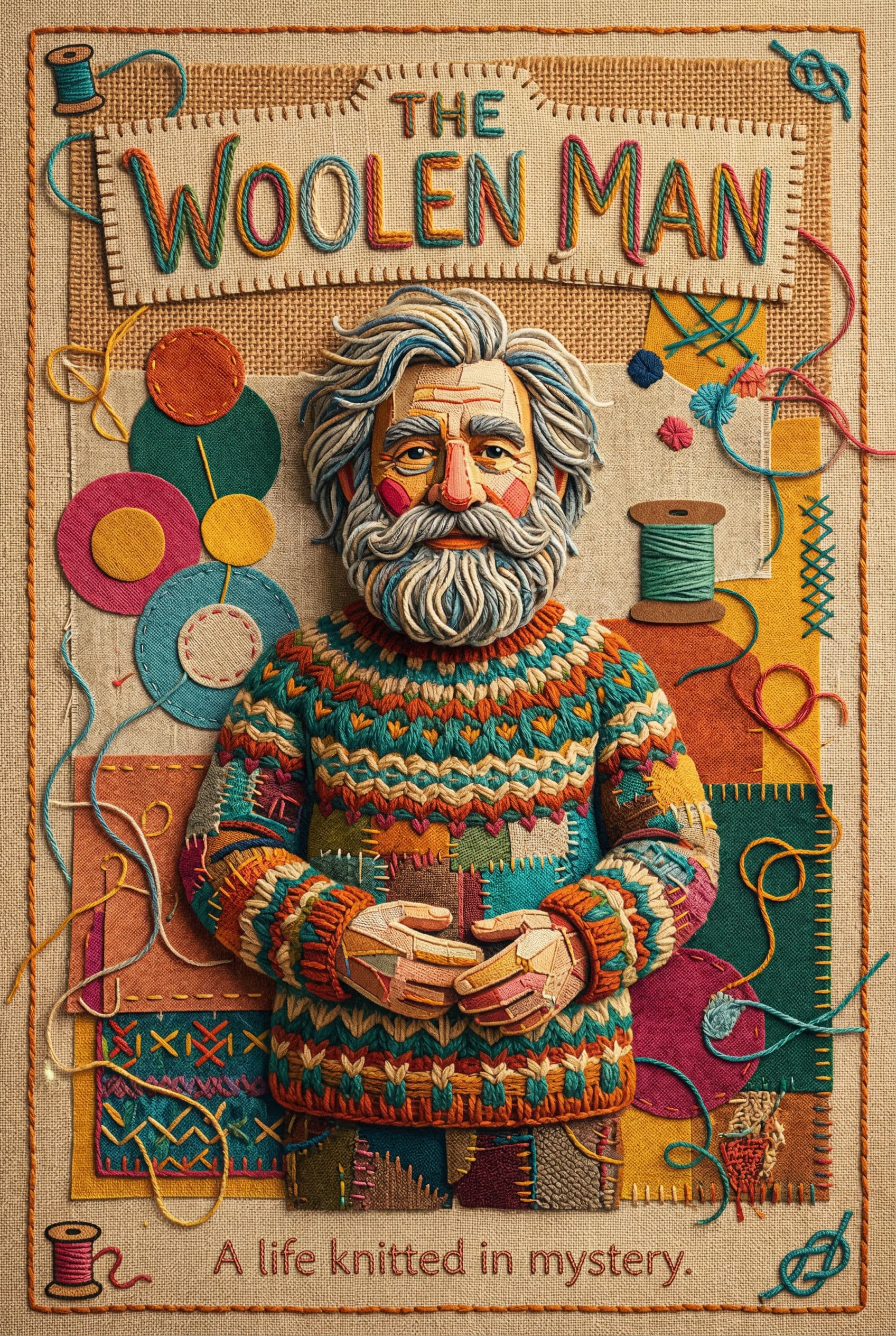 Generated movie poster for 'The Woolen Man' in a colorful, crafted illustration style showing a bearded man in a knitted sweater with the tagline 'A life knitted in mystery'