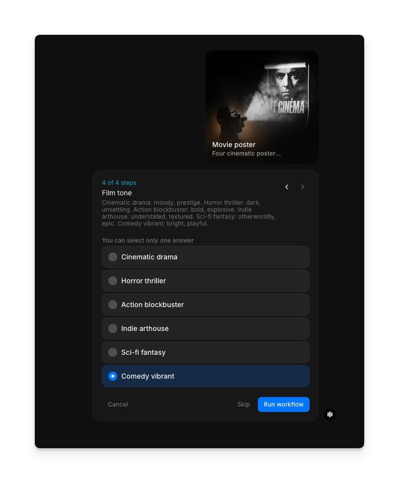 Movie poster workflow step 4 showing Film tone selection with radio buttons for Cinematic drama, Horror thriller, Action blockbuster, Indie arthouse, Sci-fi fantasy, and Comedy vibrant