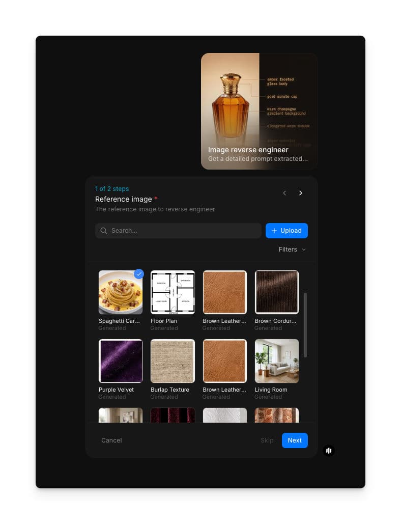 Image reverse engineer workflow step 1 showing the Reference image field with a searchable gallery of images and an Upload button