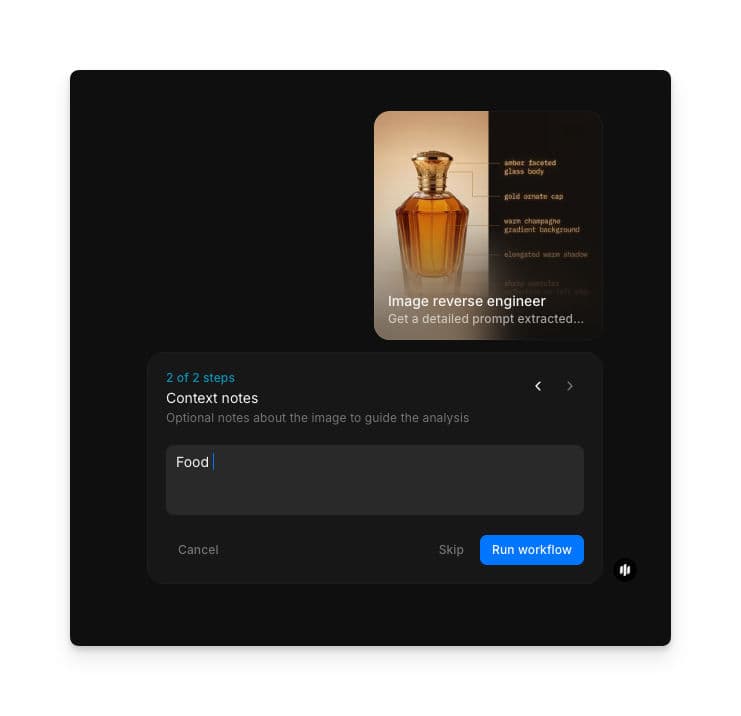Context notes step showing a text field with 'Food' entered and a Run workflow button