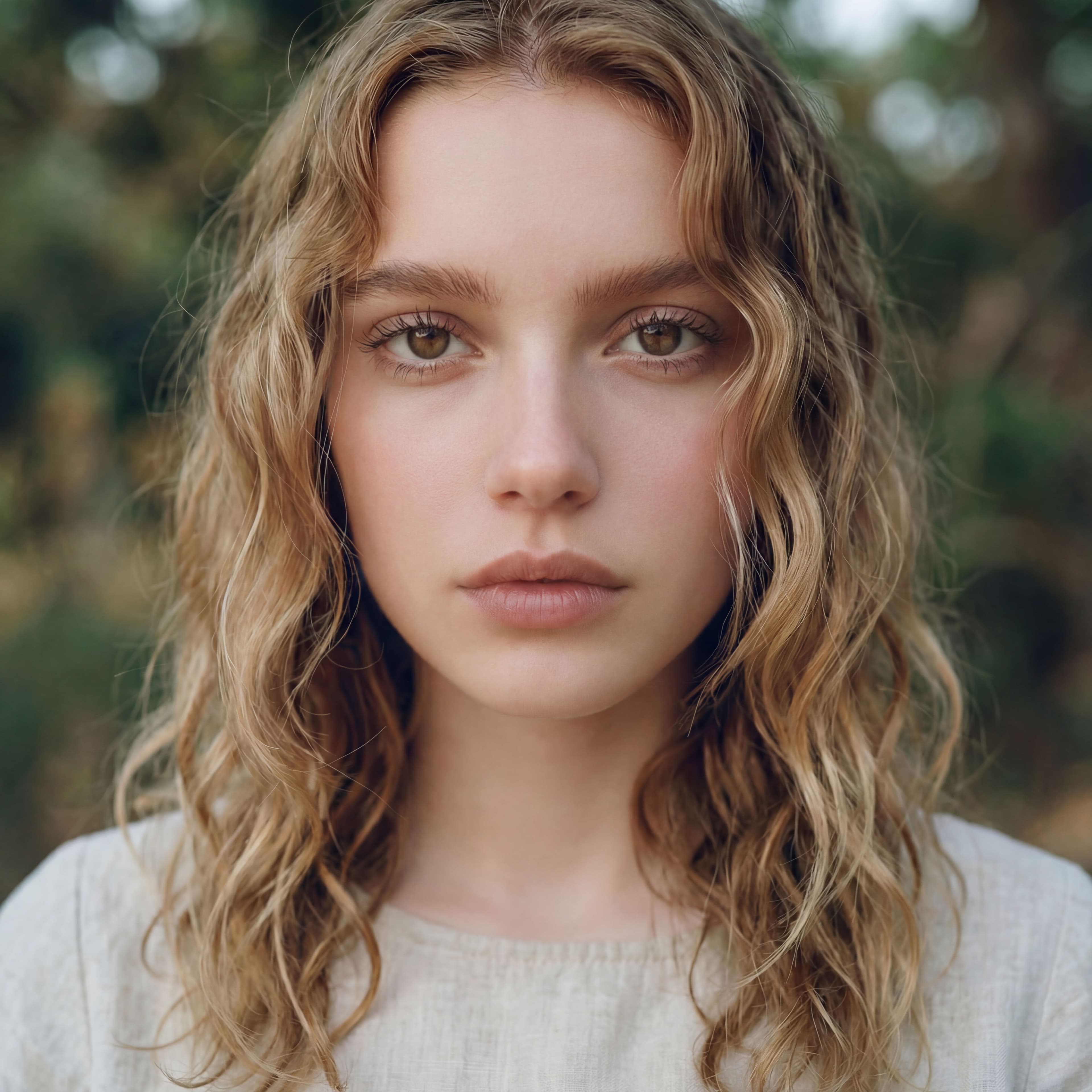 AI-generated portrait of a young woman with wavy blonde hair showing unnaturally smooth, plastic-looking skin