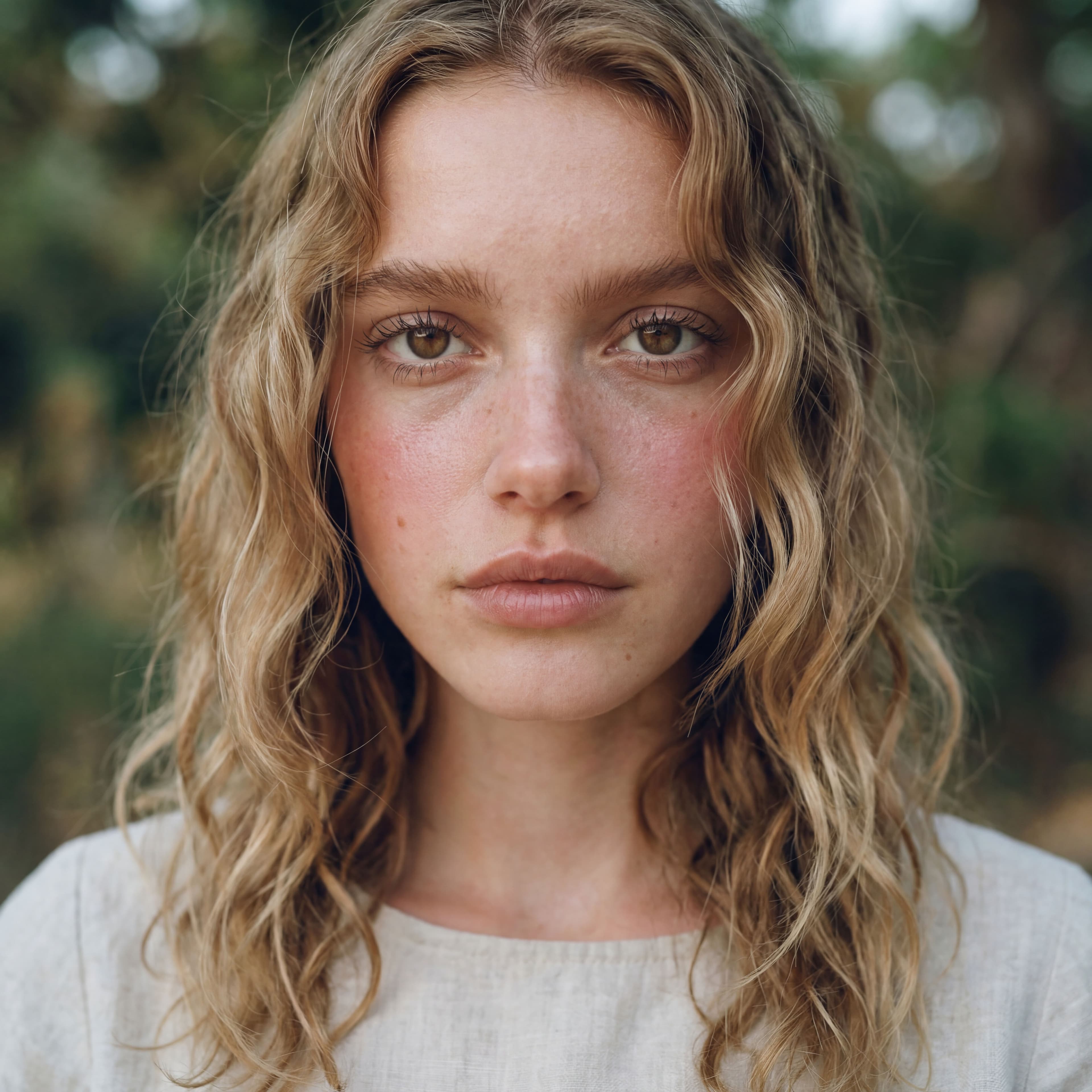 Same portrait with enhanced natural skin showing visible pores, subtle freckles, and realistic color variation across cheeks and nose