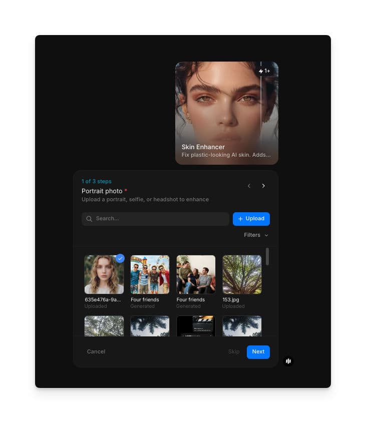 Skin Enhancer workflow step 1 showing the Portrait photo field with a searchable gallery of portrait images and an Upload button