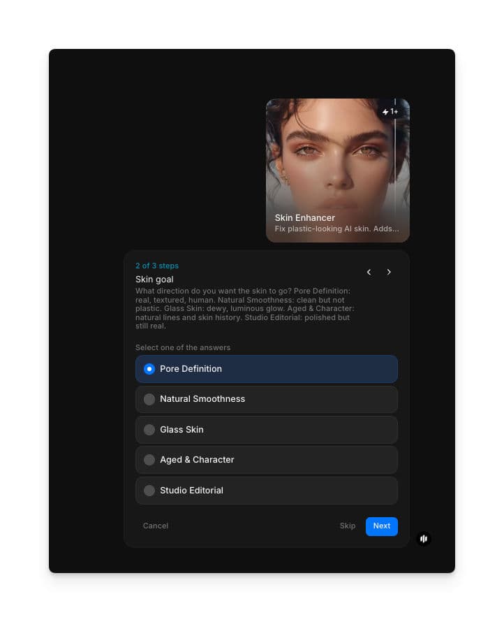 Skin goal selection showing radio buttons for Pore Definition, Natural Smoothness, Glass Skin, Aged & Character, and Studio Editorial