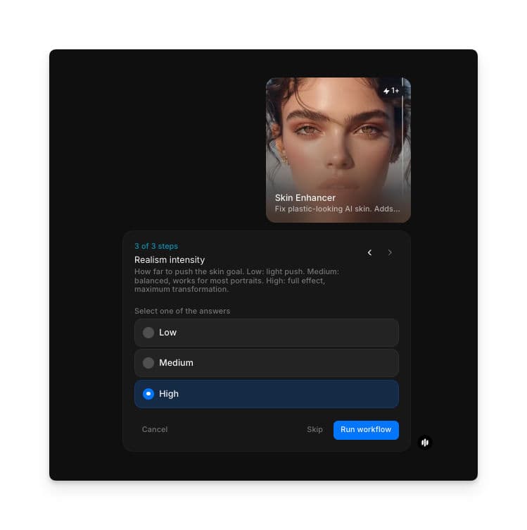 Realism intensity selection showing radio buttons for Low, Medium, and High with a Run workflow button
