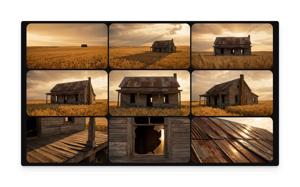 Final 3x3 storyboard grid showing nine cinematic panels generated from a single reference image