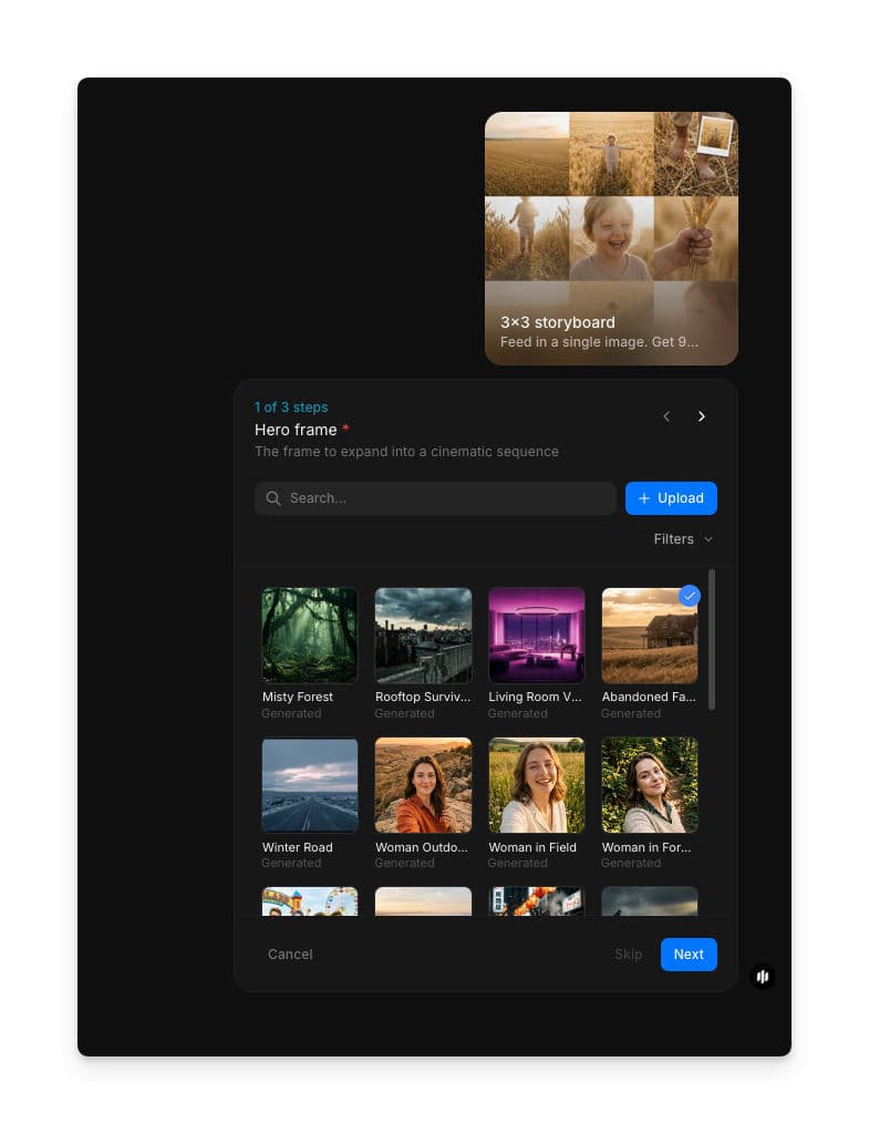 3x3 storyboard workflow step 1 showing the Hero Scene field with a searchable gallery of images and an Upload button