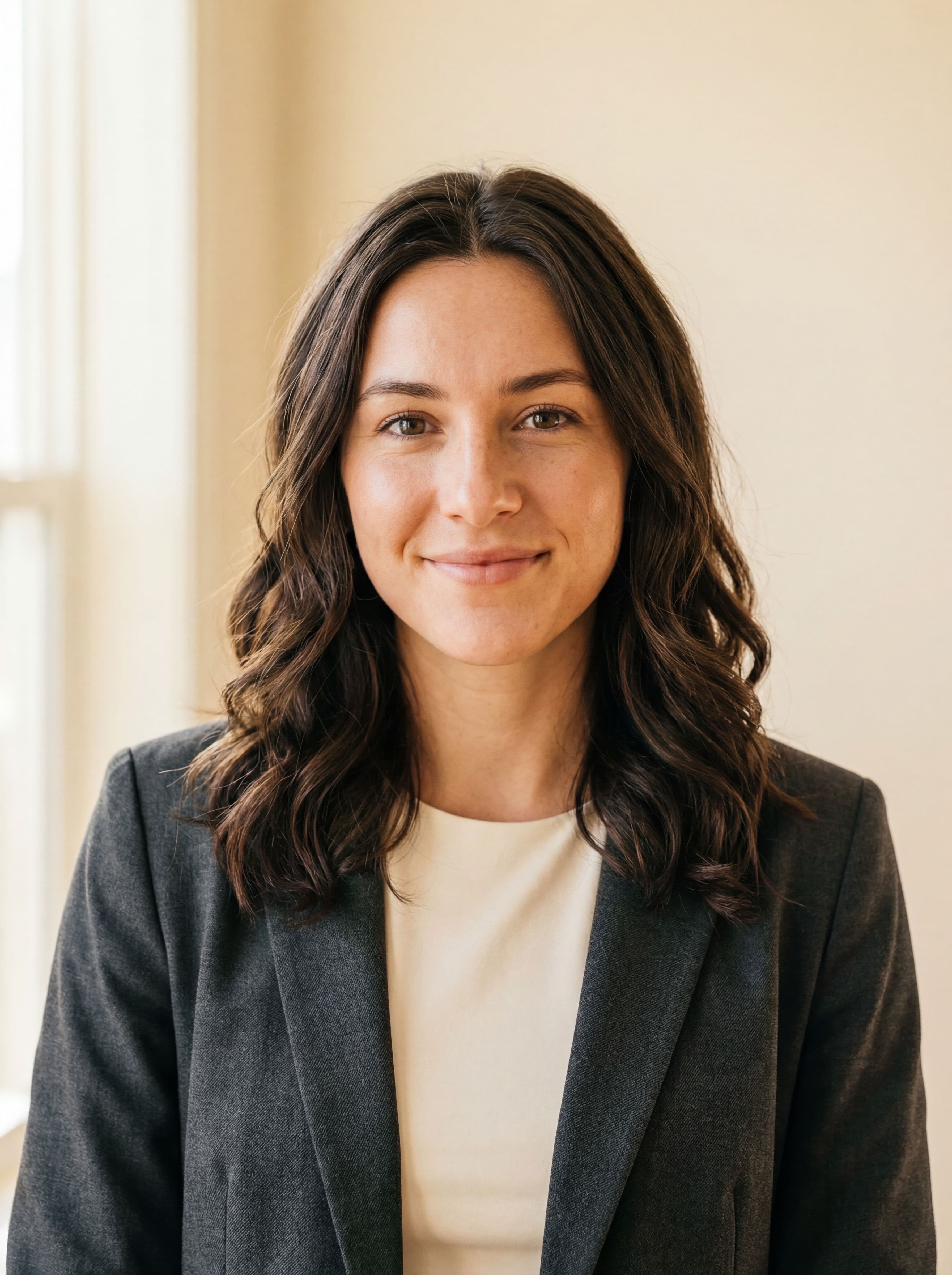 Same woman in a professional headshot wearing a dark blazer with soft studio lighting and a neutral beige background