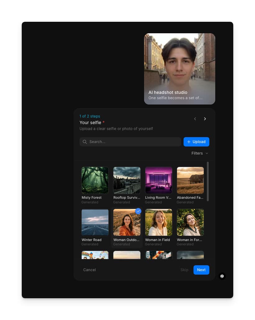 AI headshot studio workflow step 1 showing the Your selfie field with a searchable image gallery and Upload button