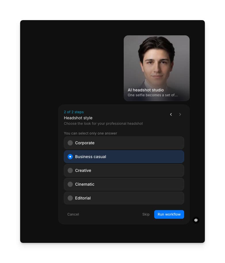 Headshot style selection showing radio buttons for Corporate, Business casual, Creative, Cinematic, and Editorial with a Run workflow button