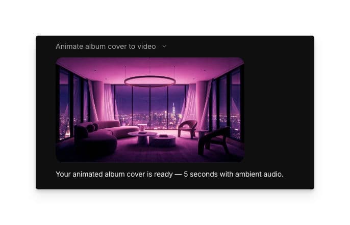 Generated animated album cover still frame showing a stylized scene with atmospheric lighting and cinematic depth