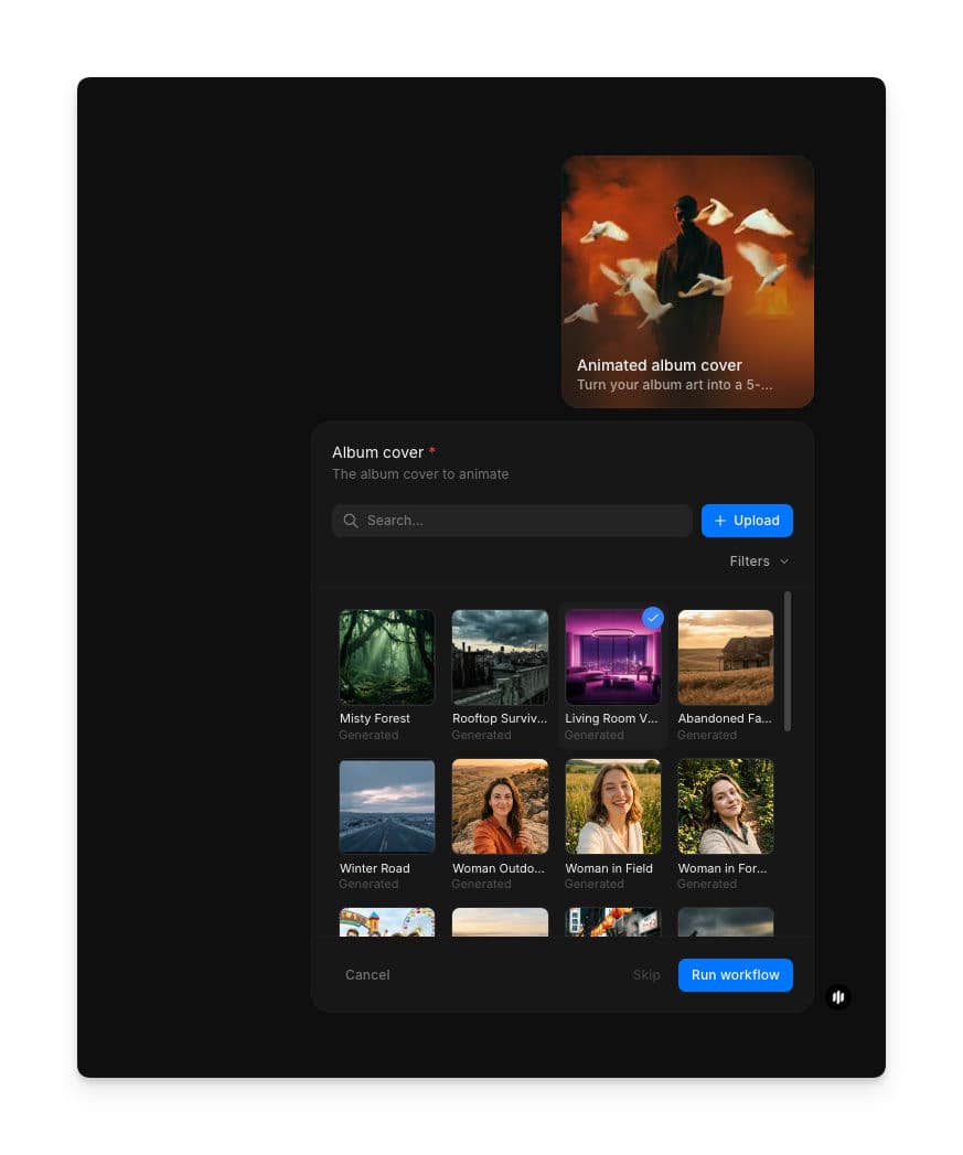 Animated album cover workflow showing the Album cover field with a searchable gallery and Upload and Run workflow buttons