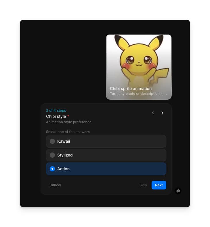 Chibi style selection showing radio buttons for Kawaii, Stylized, and Action