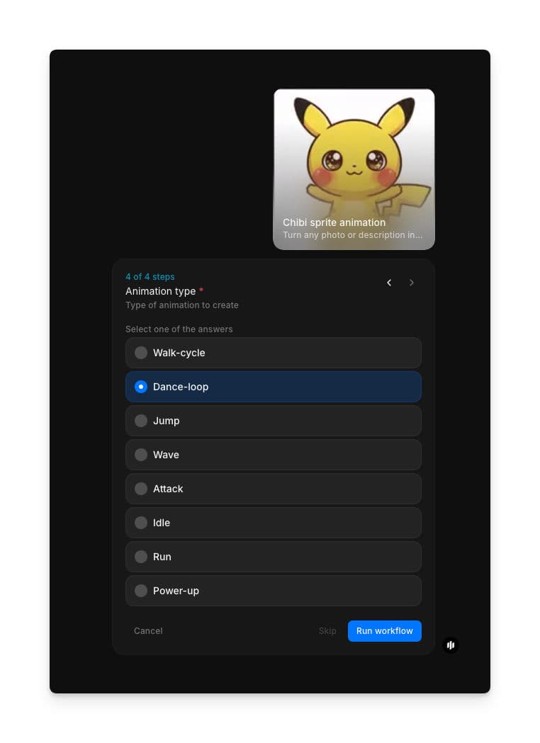 Animation type selection showing radio buttons for Walk-cycle, Dance-loop, Jump, Wave, Attack, Idle, Run, and Power-up with a Run workflow button
