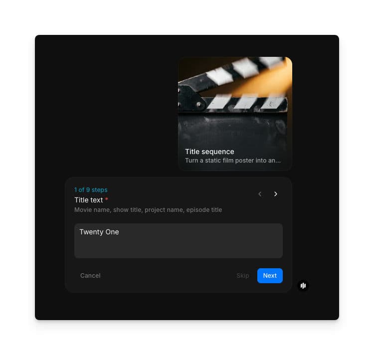 Title sequence workflow step 1 showing the Title text field with 'Twenty One' entered
