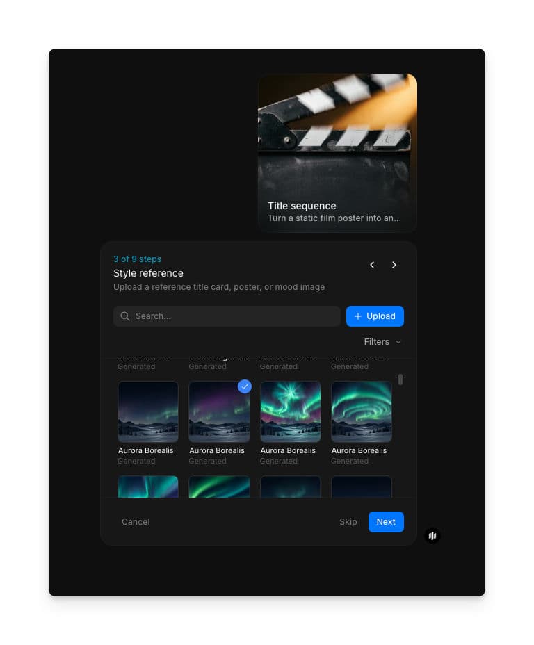 Style reference step showing a searchable gallery of cinematic reference images with an Upload button