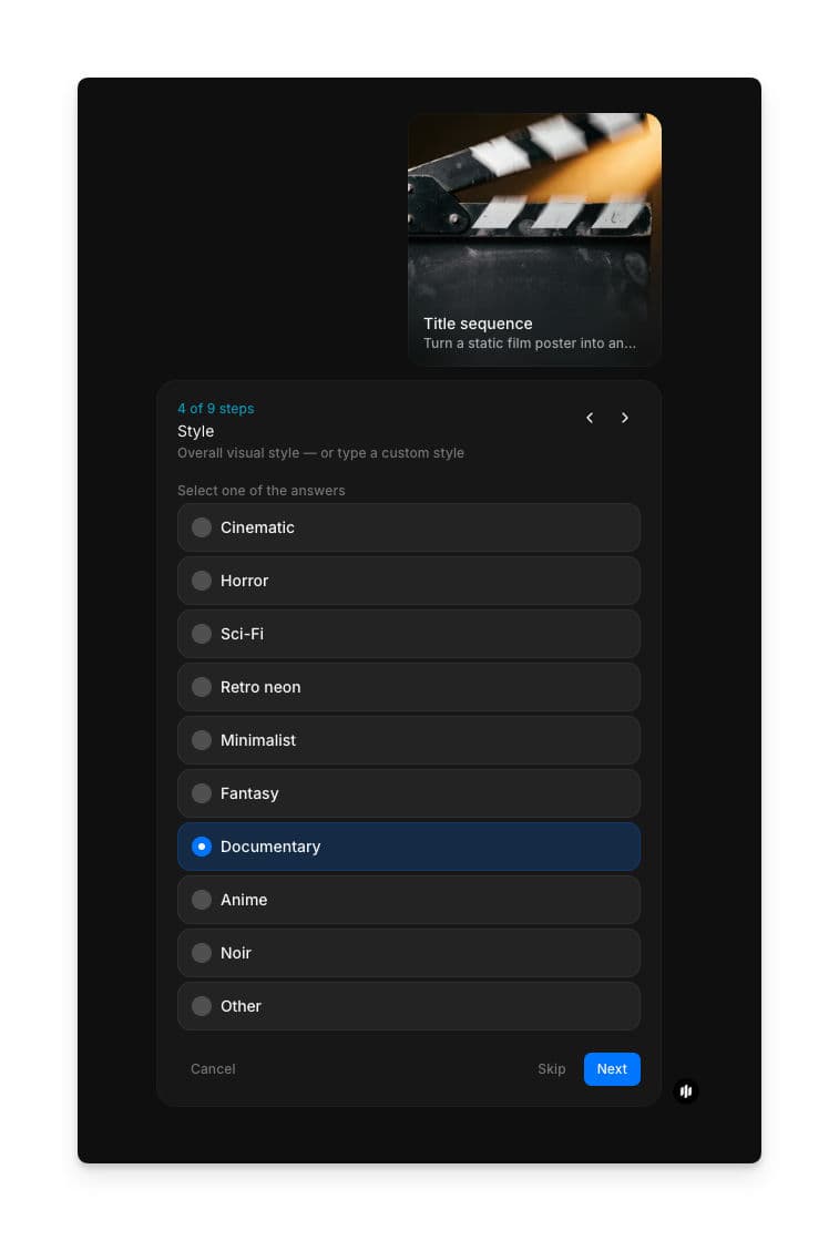 Style selection showing radio buttons for Cinematic, Horror, Sci-Fi, Retro neon, Minimalist, Fantasy, Documentary, Anime, Noir, and Other