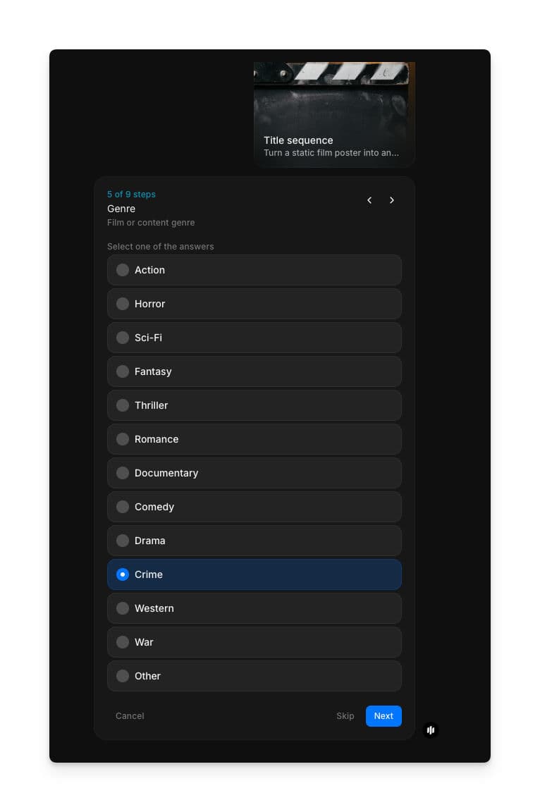 Genre selection showing radio buttons for Action, Horror, Sci-Fi, Fantasy, Thriller, Romance, Documentary, Comedy, Drama, Crime, Western, War, and Other