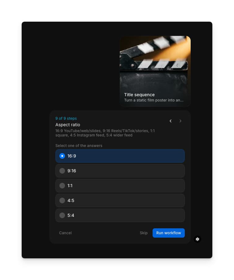 Aspect ratio selection showing radio buttons for 16:9, 9:16, 1:1, 4:5, and 5:4 with a Run workflow button