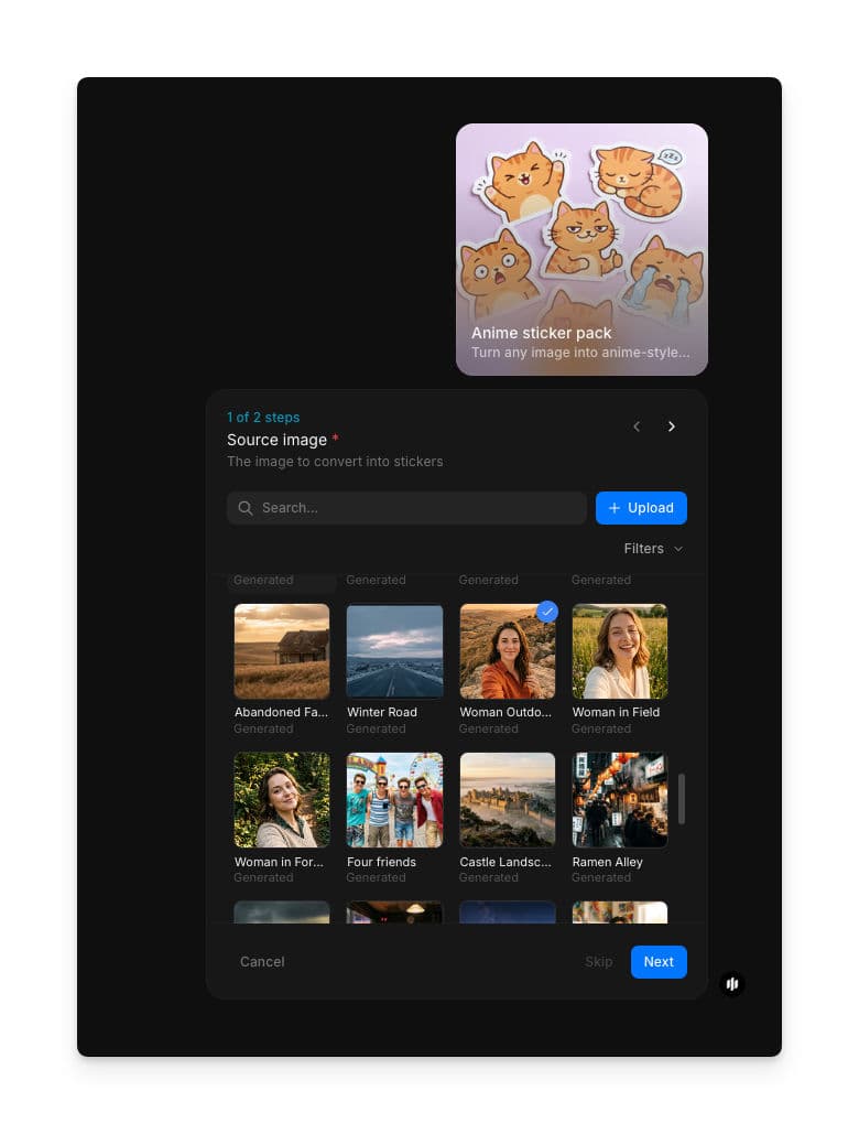 Anime sticker pack workflow step 1 showing the Source image field with a searchable gallery and an Upload button