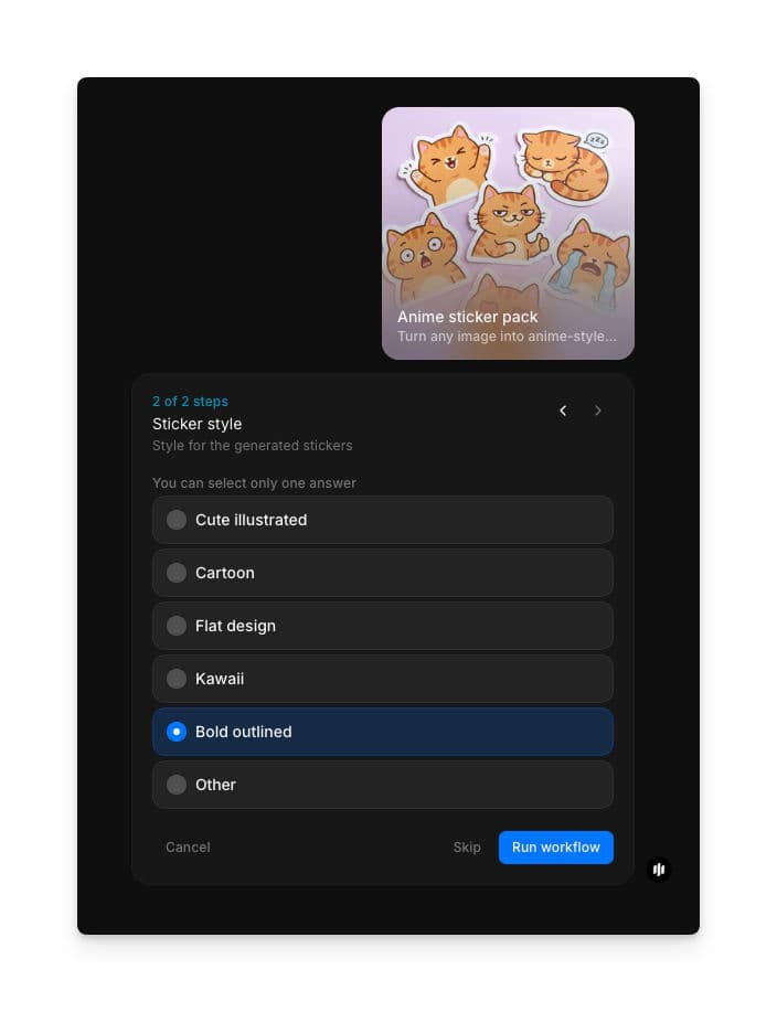 Sticker style selection showing radio buttons for Cute illustrated, Cartoon, Flat design, Kawaii, Bold outlined, and Other with a Run workflow button