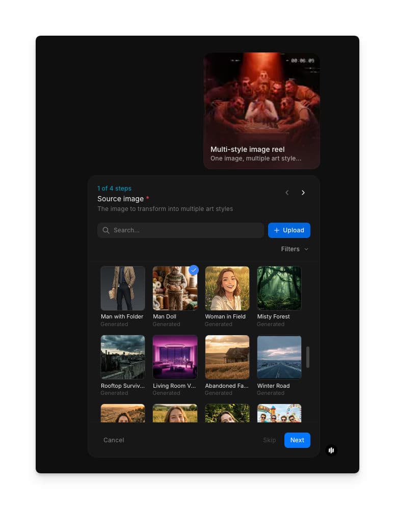 Multi-style image reel workflow step 1 showing the Source image field with a searchable gallery and an Upload button