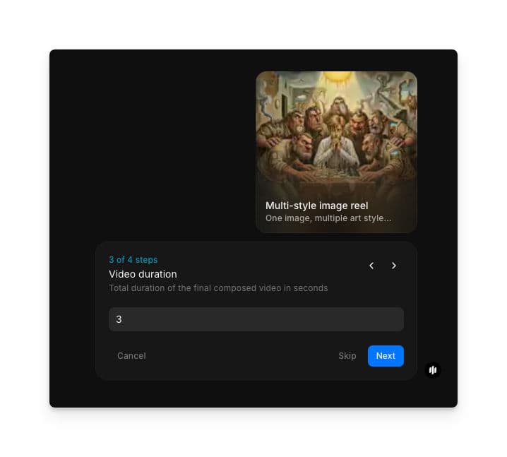 Video duration step showing a text input field with 3 entered, measured in seconds