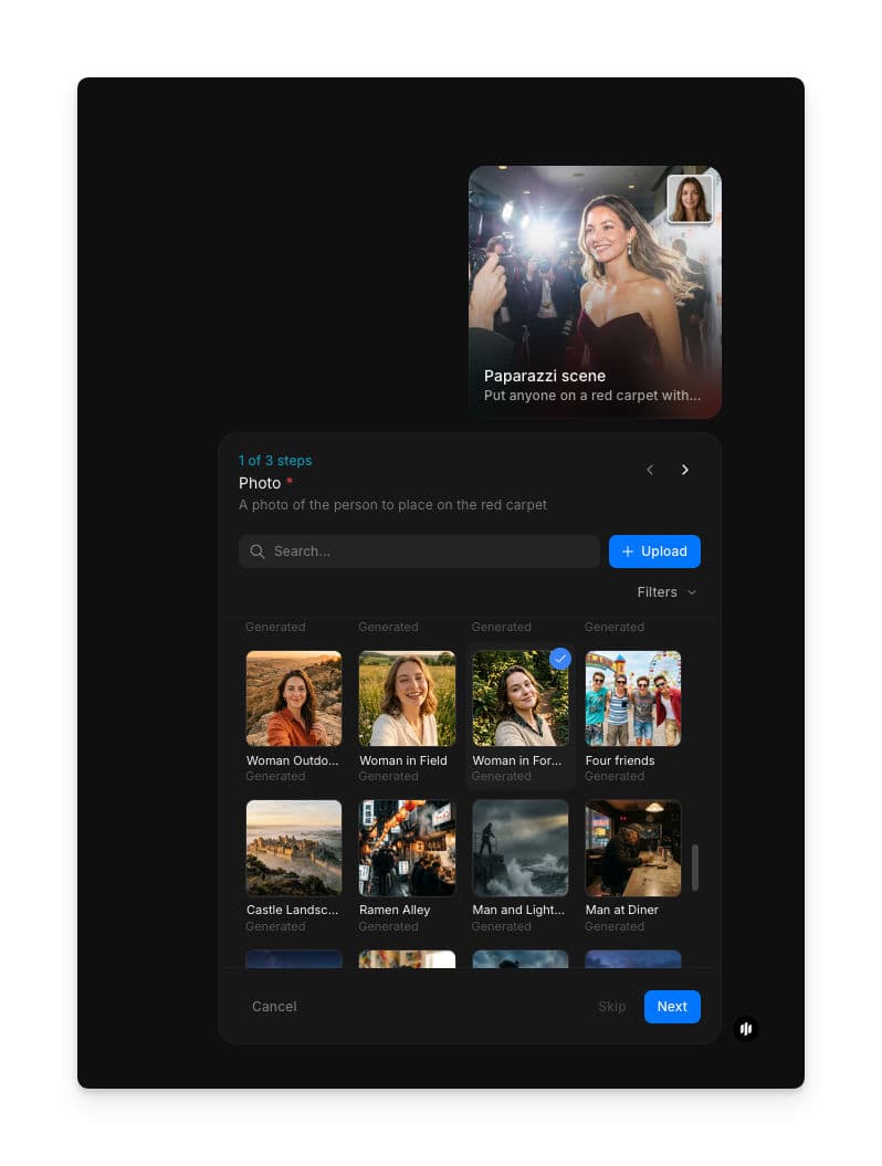 Paparazzi scene workflow step 1 showing the Photo field with a searchable gallery of portrait images and an Upload button