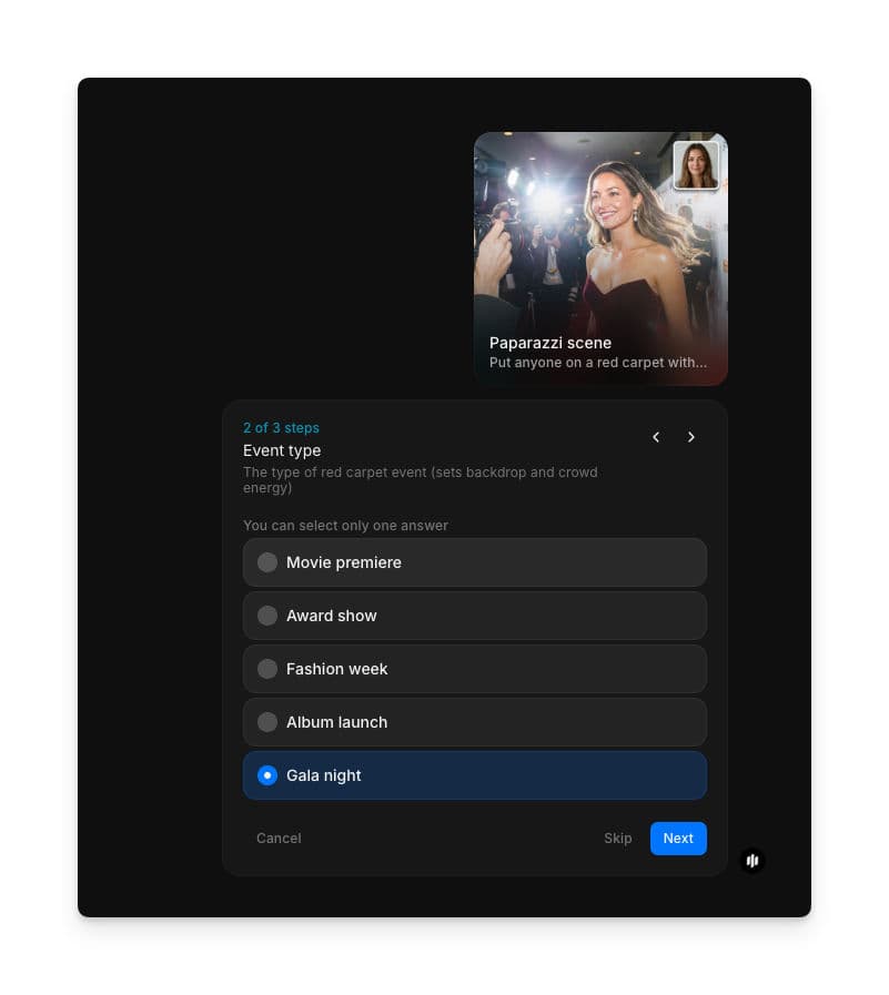 Event type selection showing radio buttons for Movie premiere, Award show, Fashion week, Album launch, and Gala night