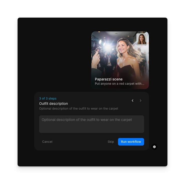 Outfit description step showing an optional text field and a Run workflow button