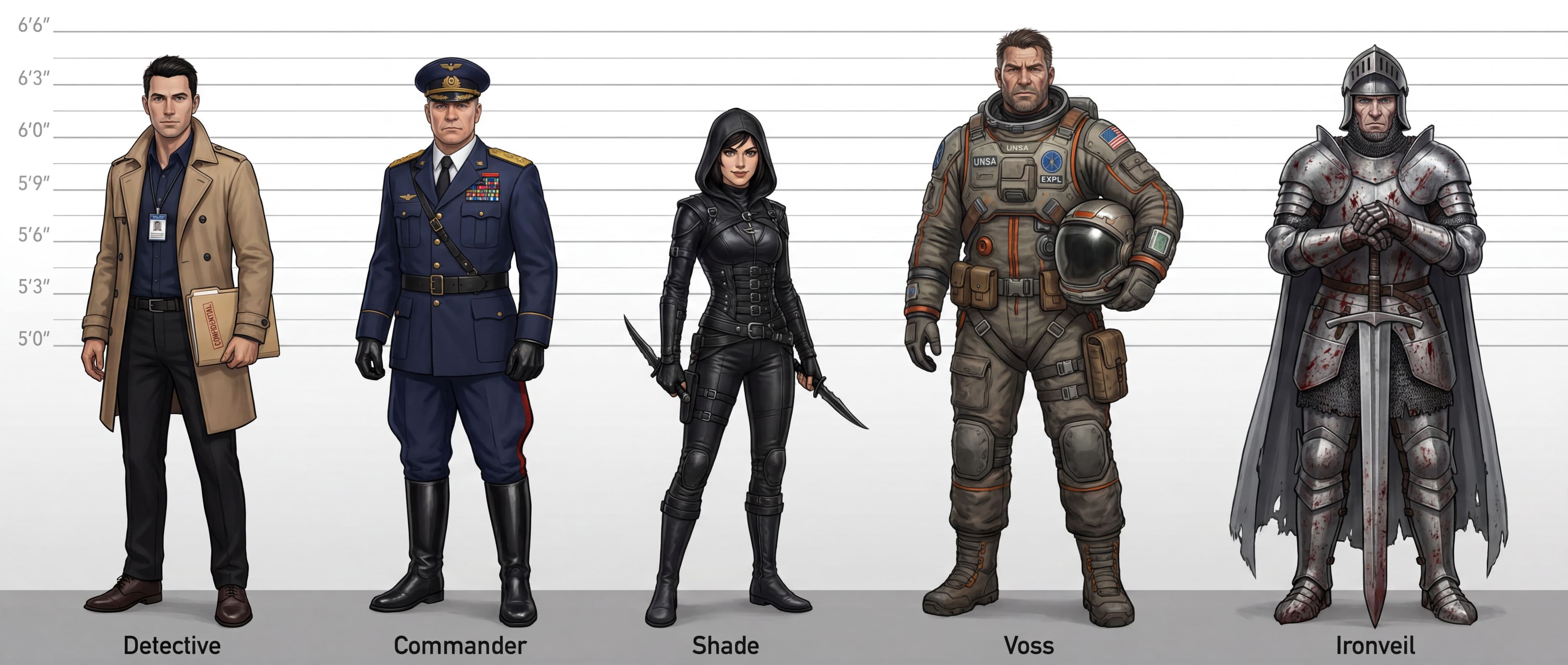 Final character lineup sheet showing all characters with accurate height comparison and consistent styling