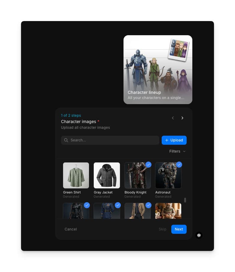 Character lineup workflow step 1 showing the Character images field with a searchable gallery of character references and an Upload button