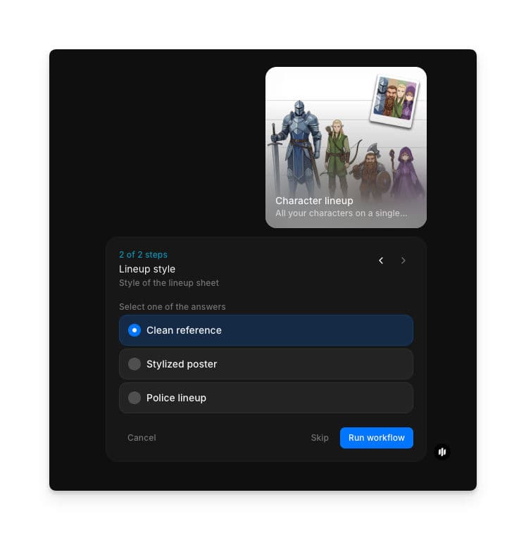 Lineup style selection showing radio buttons for Clean reference, Stylized poster, and Police lineup with a Run workflow button