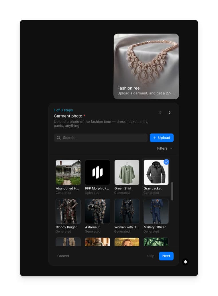 Fashion reel workflow step 1 showing the Garment photo field with a searchable gallery and an Upload button