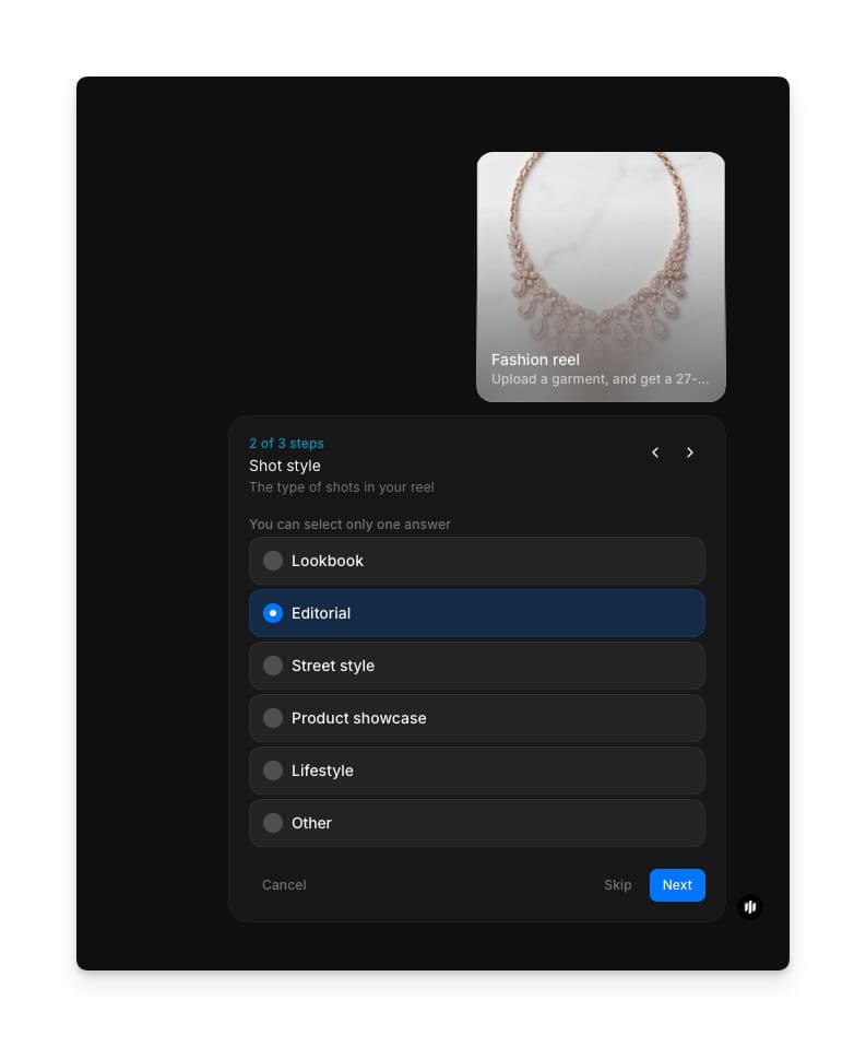 Shot style selection showing radio buttons for Lookbook, Editorial, Street style, Product showcase, Lifestyle, and Other