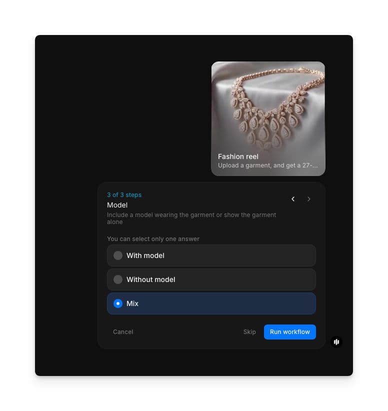 Model selection showing radio buttons for With model, Without model, and Mix with a Run workflow button