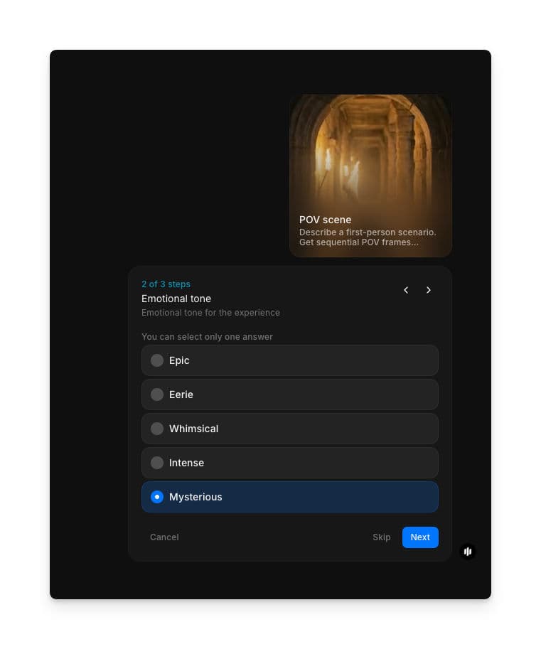 Emotional tone selection showing radio buttons for Epic, Eerie, Whimsical, Intense, and Mysterious
