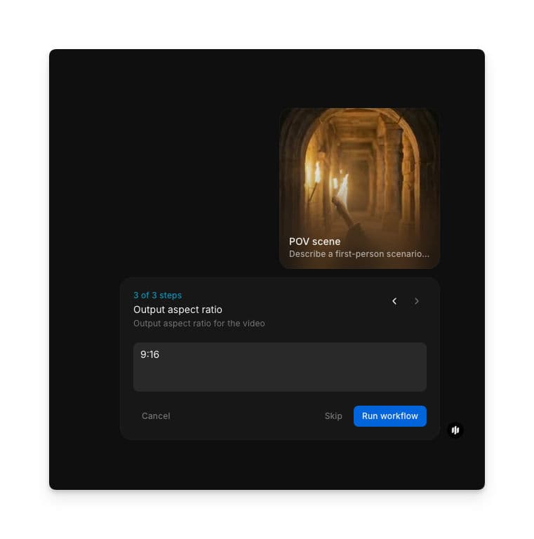 Output aspect ratio step showing a text field with '9:16' entered and a Run workflow button