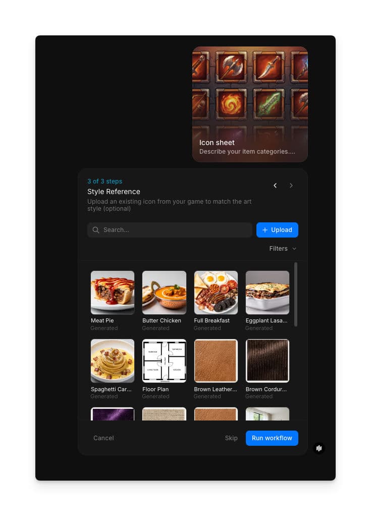 Style Reference step showing a searchable gallery of icon style reference images with Upload and Run workflow buttons