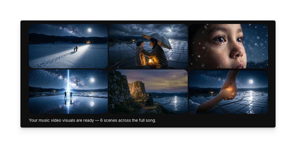 Completed music video storyboard showing scene visuals matched to song lyrics