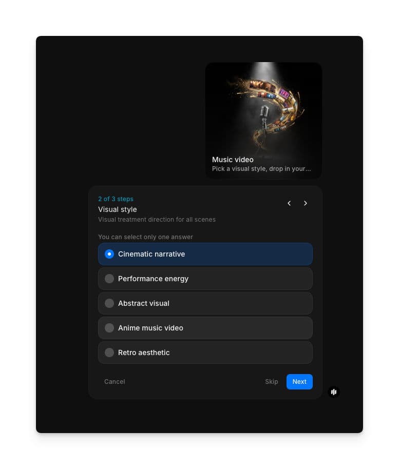 Visual style selection showing radio buttons for Cinematic narrative, Performance energy, Abstract visual, Anime music video, and Retro aesthetic